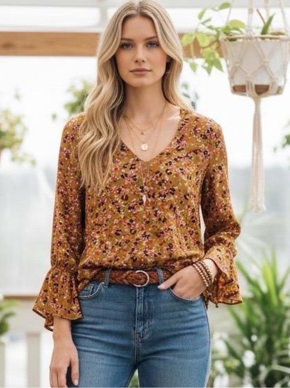 CAbi Small Burnish Multicolor Whimsical Boho Chic Ruffled Bell Sleeves Blouse
